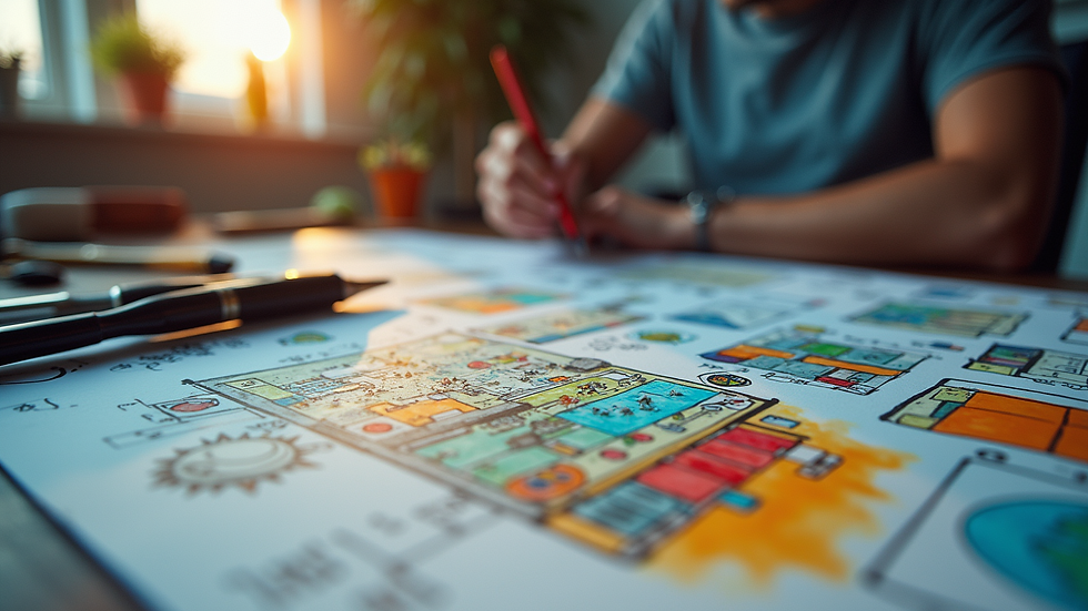 Eye-level view of a vibrant game development workspace filled with colorful sketches and concept art