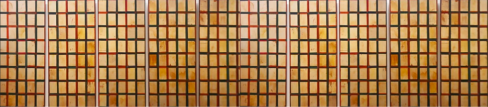 Temple Series 1995 Chinese Paper, Oil Paint, Glaze on Canvas Board on Board 120 x 800cm 10 panels -