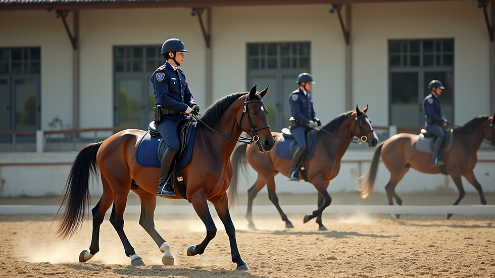 Eye-level view of a mounted police officer practicing in an equestrian training arena