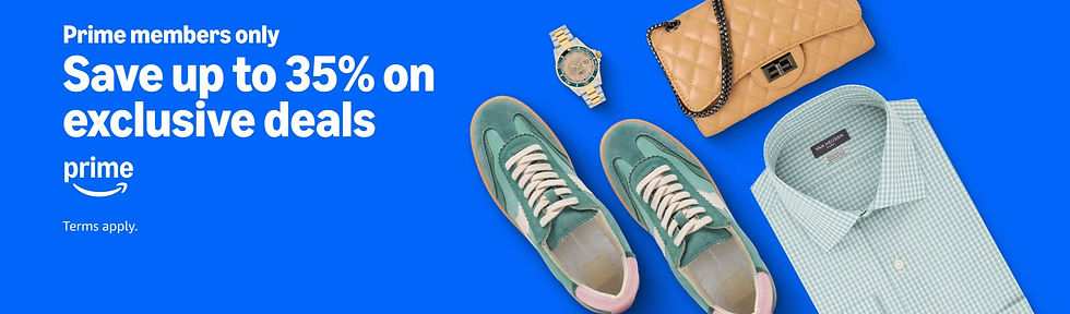 Blue background with text "Prime members only, save up to 35% on exclusive deals." Items: watch, beige bag, shoes, green checkered shirt.