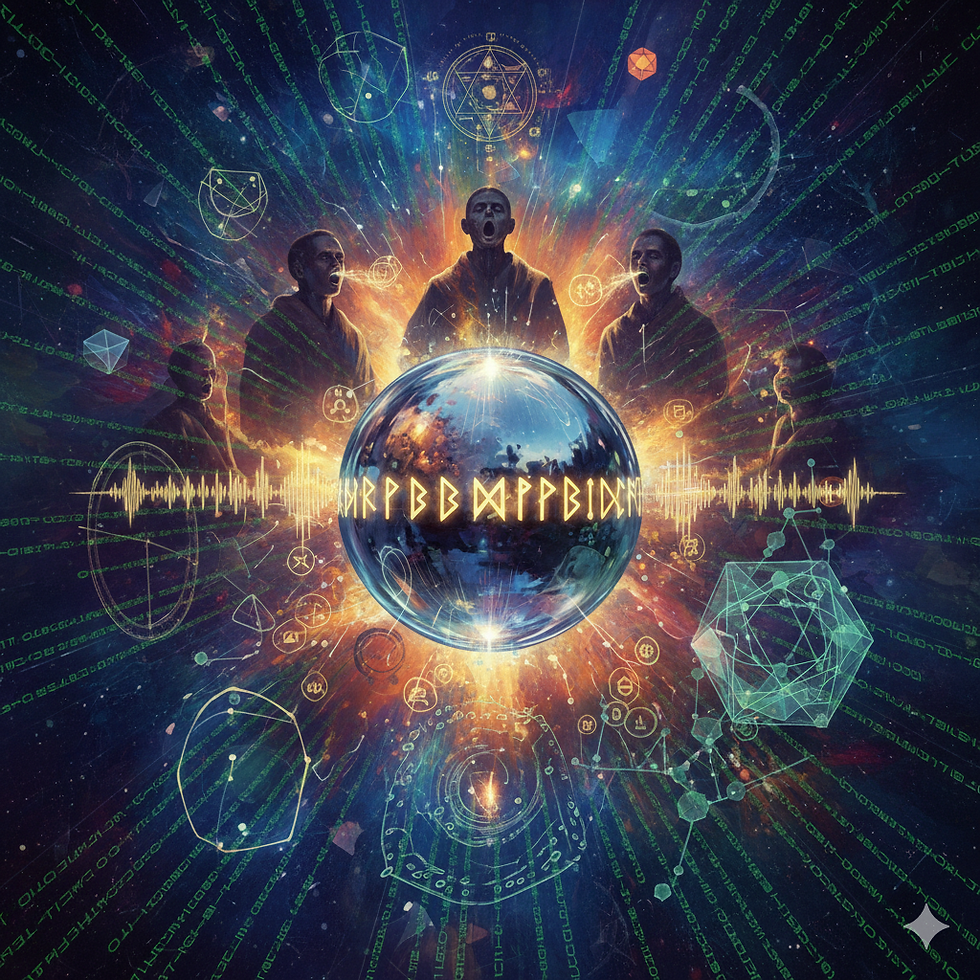 Mystic circle of monks around a glowing orb in space, with rune-like symbols and soundwave. Cosmic patterns, vibrant colors, mysterious mood.