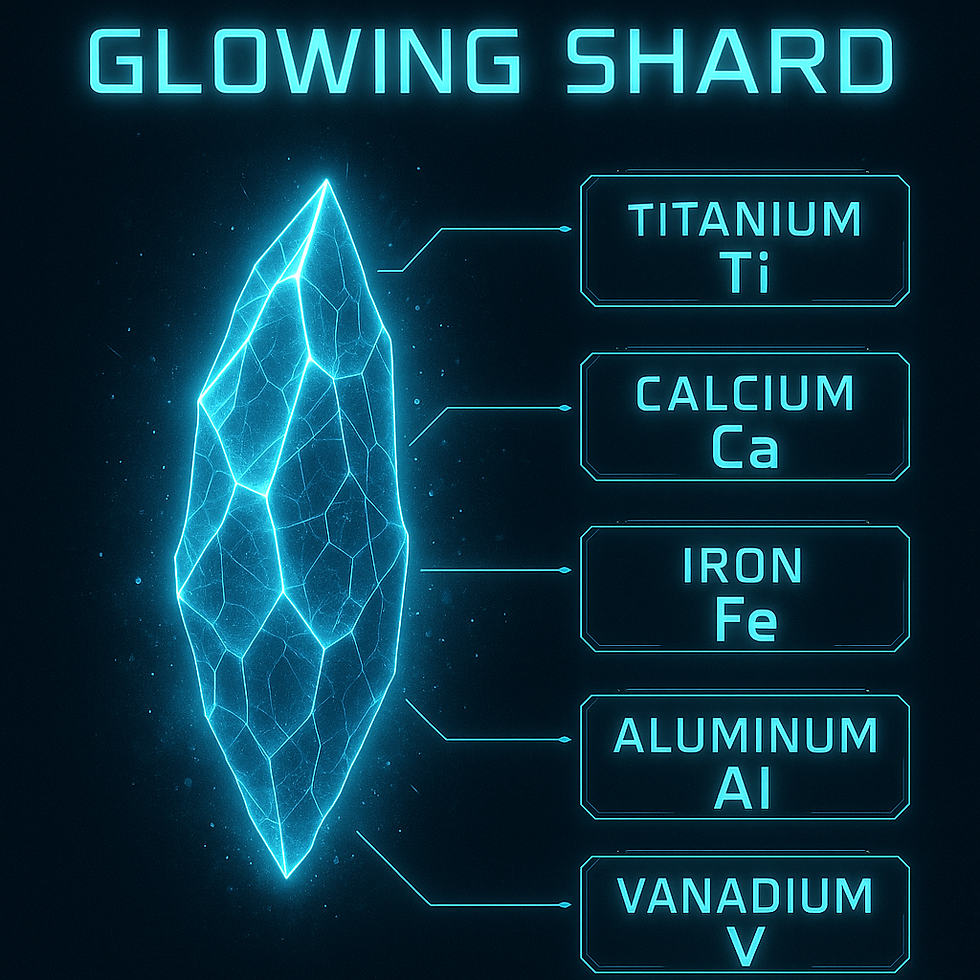 Glowing shard with a neon blue outline against a dark background. Text labels elements: Titanium, Calcium, Iron, Aluminum, Vanadium. Futuristic.