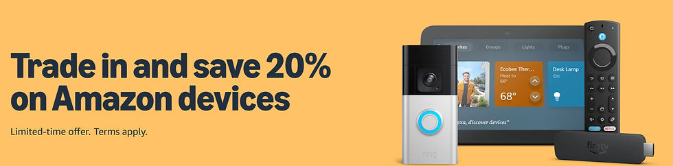 Amazon ad showing a tablet, smart doorbell, remote, and Fire TV Stick. Text: "Trade in and save 20% on Amazon devices." Orange background.