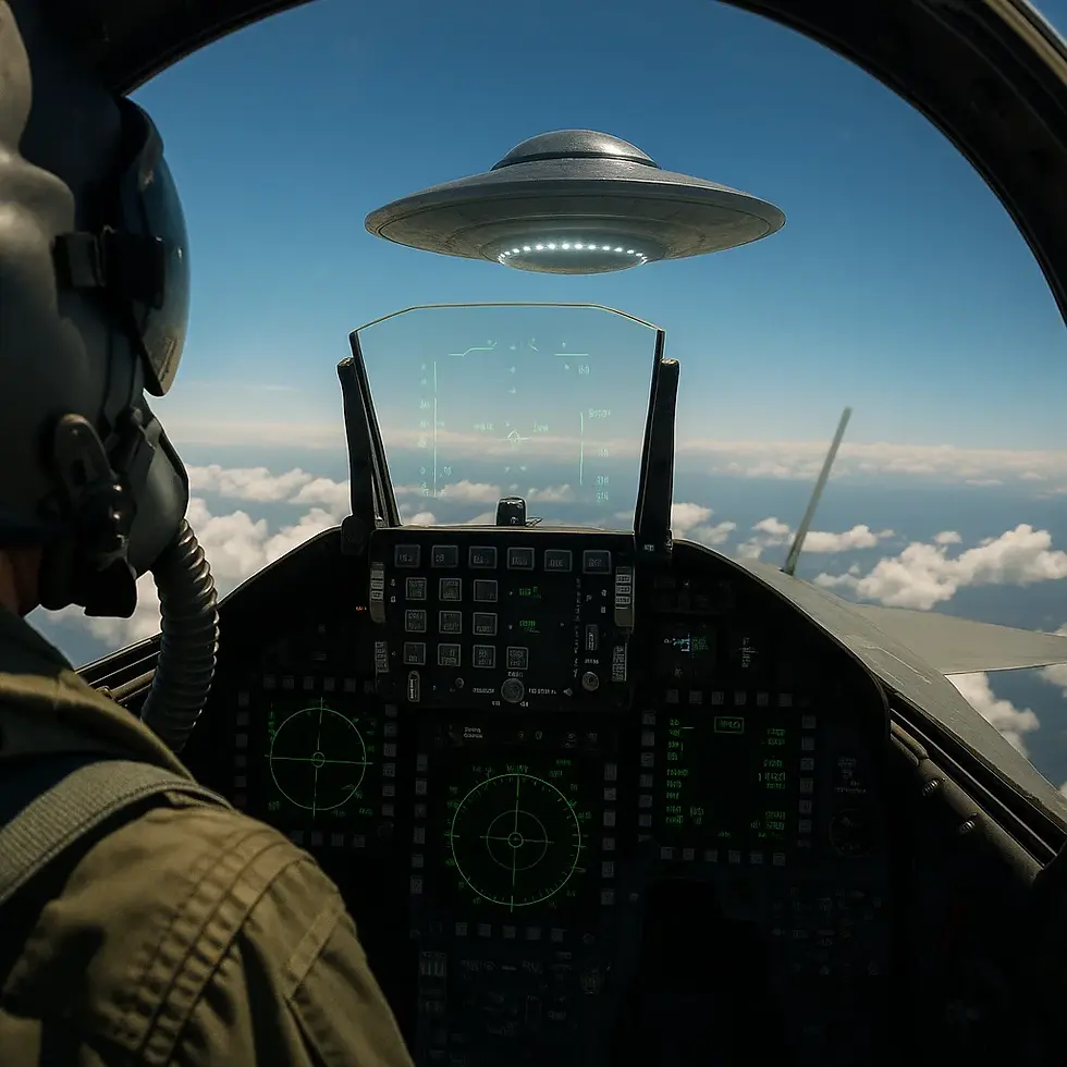 Pilot in jet cockpit encounters UFO in blue sky above clouds. UFO has lights underneath. Cockpit displays green radar screens.