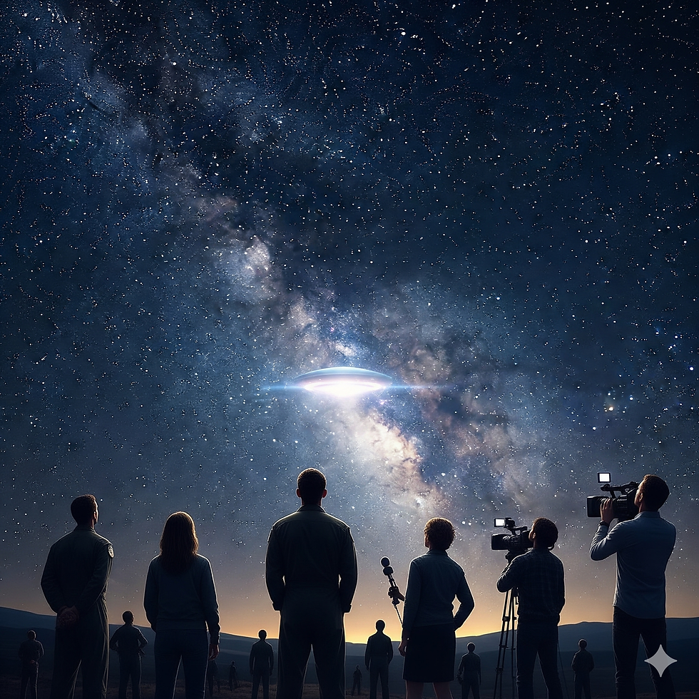 People observe a glowing UFO in a starry night sky, with cameras and microphones. The mood is curious and awe-struck.