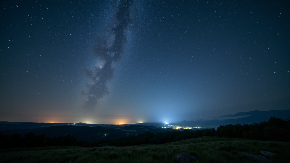 Wide angle view of a starry night over a scenic landscape