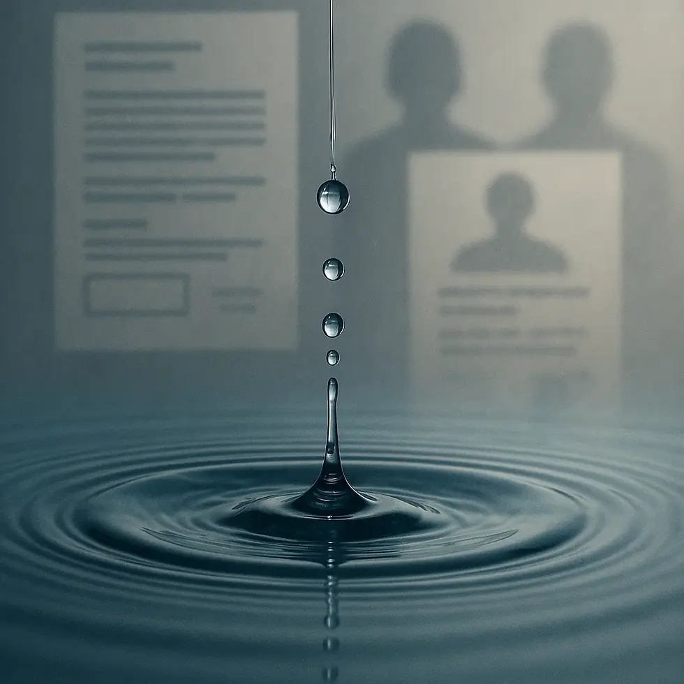 Water droplets splash into ripples, reflecting blurred shadows of documents and silhouettes on a gray background. Calm, muted tones.