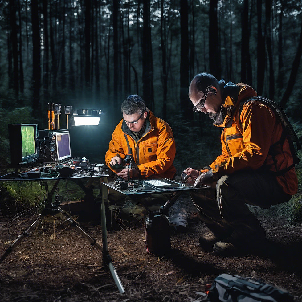 Two people in orange jackets work with electronics on tables in a dark forest. Bright lamp and monitors illuminate their focused expressions.