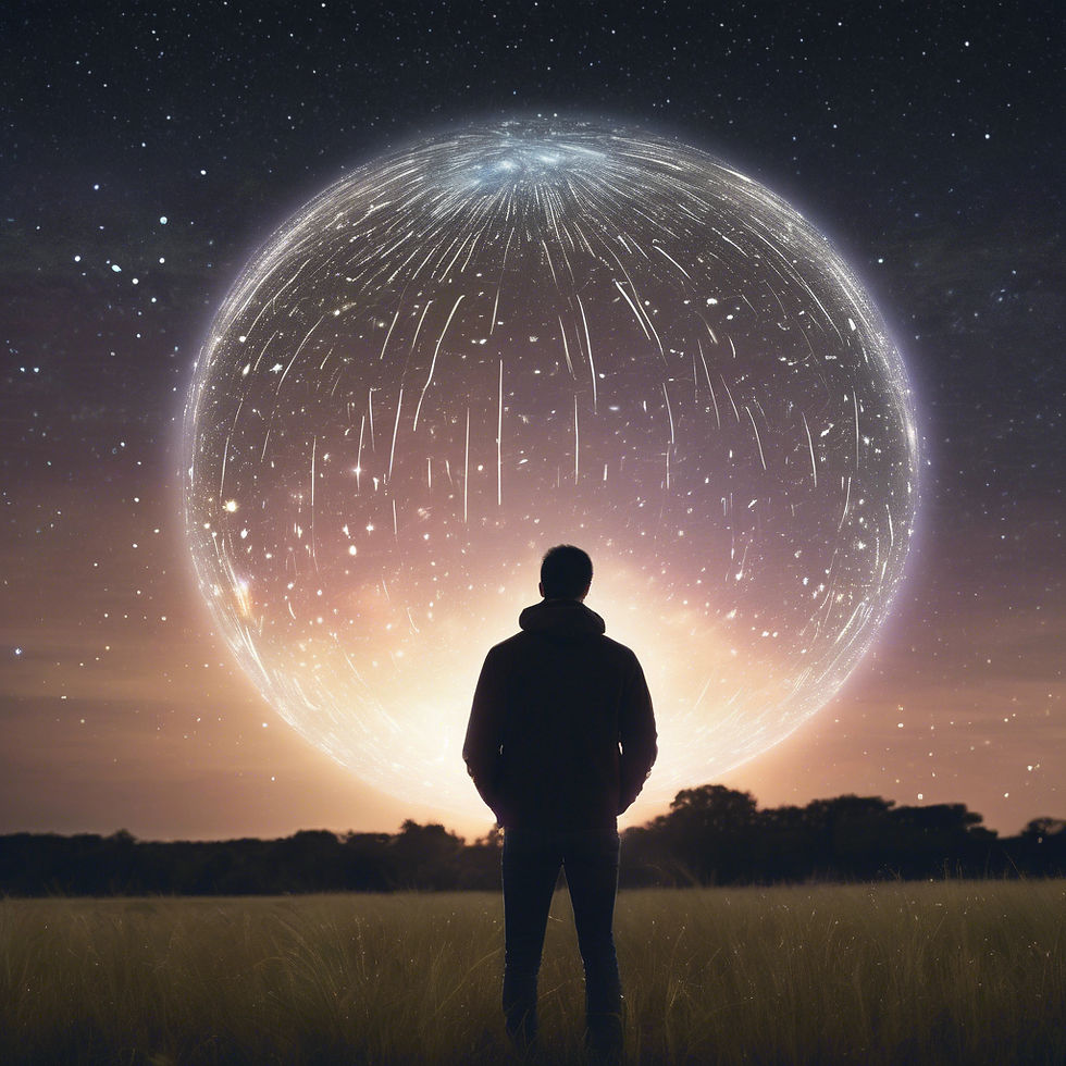 Silhouette of a person in a field gazing at a glowing orb in the sky with stars. Text reads "Chris Bledsoe: The UFO Whisperer."