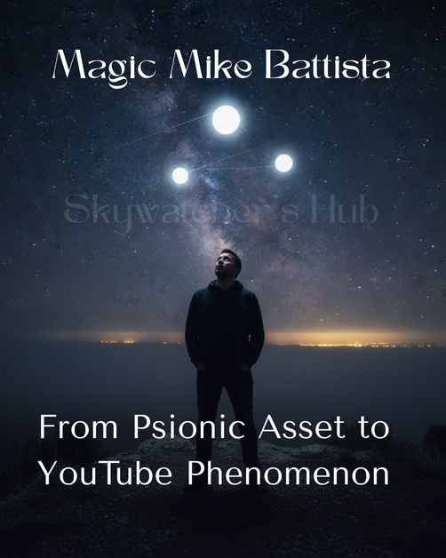 A person stands under a starry night sky with glowing orbs above. Text: "Magic Mike Battista: From Psionic Asset to YouTube Phenomenon."