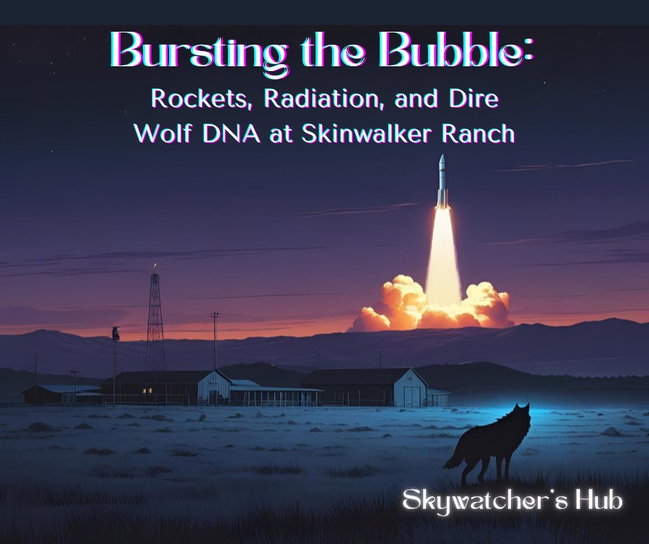 Rocket launching at sunset near buildings and mountains. A silhouette of a wolf is in the foreground. Text reads: "Bursting the Bubble: Rockets, Radiation, and Dire Wolf DNA at Skinwalker Ranch" and "Skywatcher's Hub."
