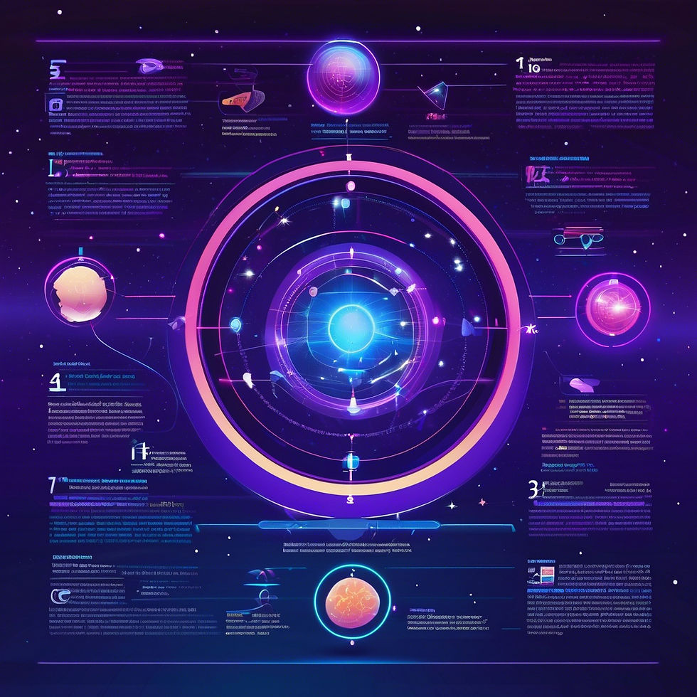 Abstract infographic with a bright blue and purple cosmic theme. Central circular design surrounded by text and symbols, evoking a futuristic mood.