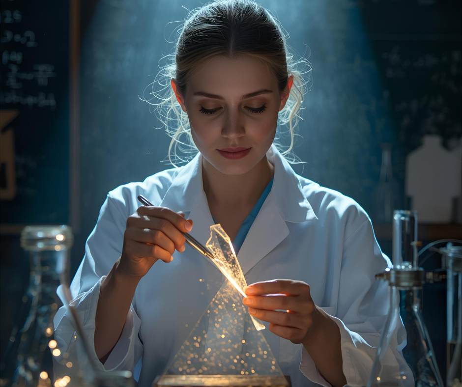 A scientist in a lab coat examines a glowing crystal with tweezers in a dimly lit laboratory. Chalkboard in the background.