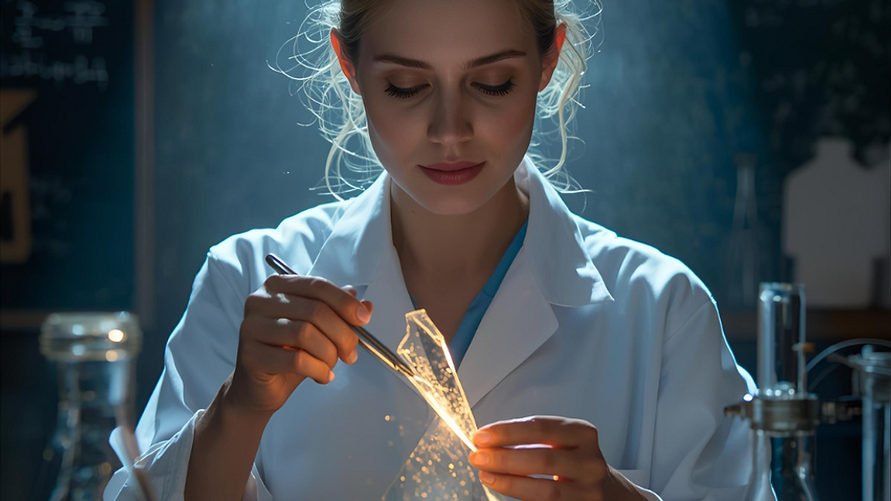 A scientist in a lab coat examines a glowing crystal with tweezers in a dimly lit laboratory. Chalkboard in the background.