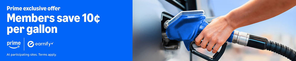 Hand refueling car with blue nozzle. Text on blue background: "Prime exclusive offer, Members save 10¢ per gallon." Includes logos.