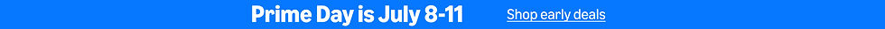 Blue banner with text "Prime Day is July 8-11" and "Shop early deals" in white, underlined. Simple and promotional design.