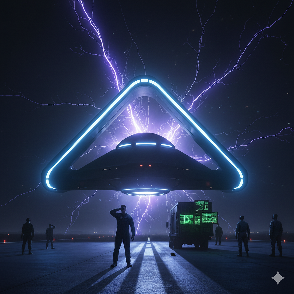 A glowing triangular UFO with lightning hovers above a runway. Silhouetted figures stand around, one saluting. A truck displays green screens.