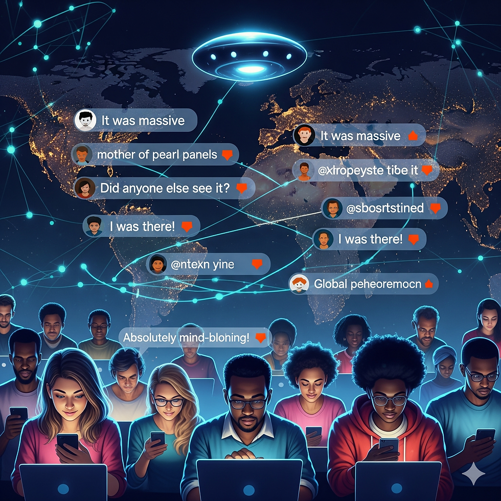 People using phones and laptops, with a glowing UFO above. Global chat messages and world map in the background. Futuristic vibe.
