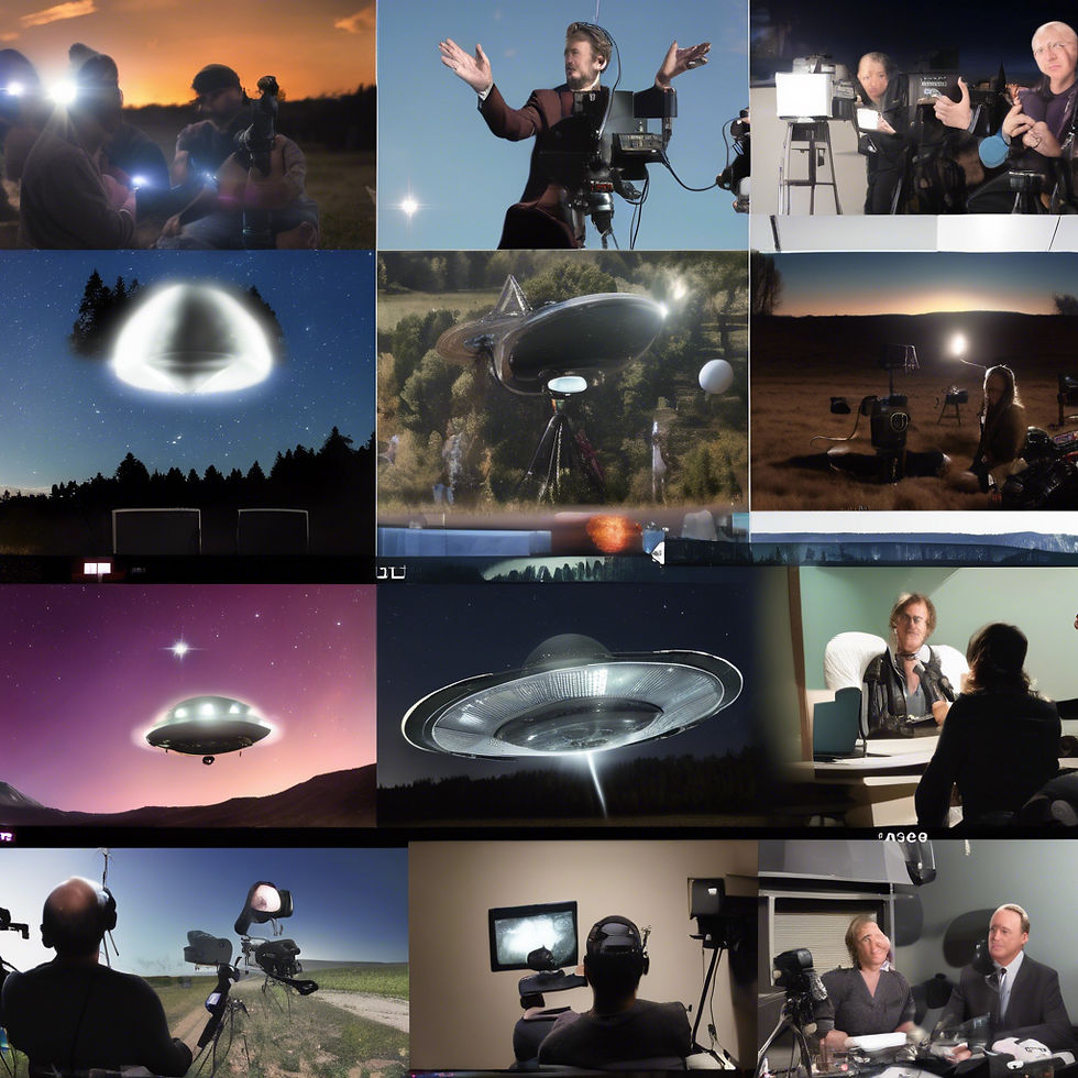 Collage of people filming UFOs, discussing them in interviews. Includes night sky views, equipment, and CGI of flying saucers. Sci-fi theme.