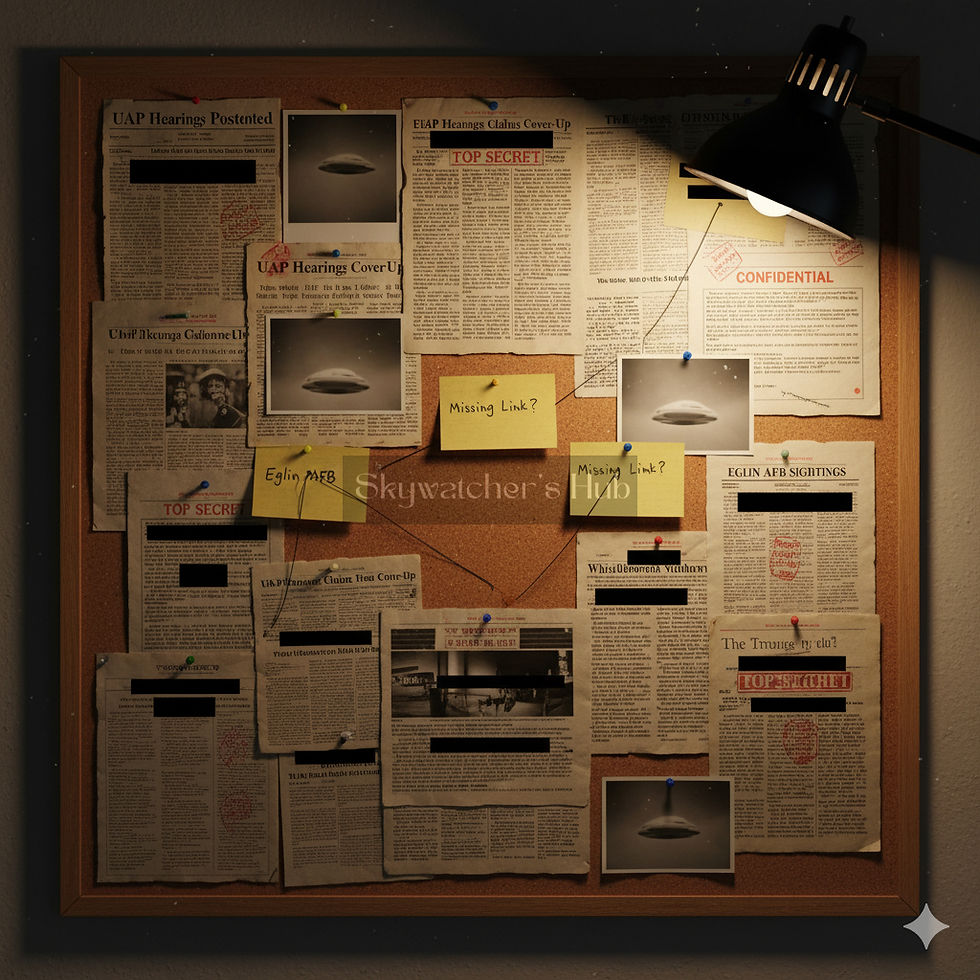 Corkboard covered with newspapers and UFO photos, marked "Top Secret" and "Confidential." Yellow notes read "Missing Link?" Lit by lamp.