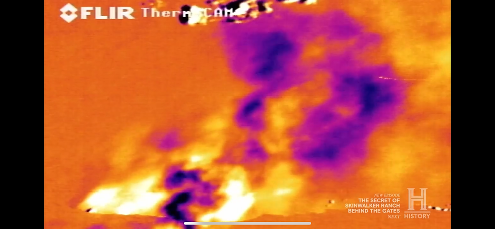 Thermal image with orange and purple hues showing heat patterns. Text: FLIR, Therm CAM, History channel ad for "The Secret of Skinwalker Ranch."