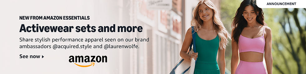 Women in colorful activewear walk outdoors, smiling. Text promotes Amazon Essentials activewear, mentioning brand ambassadors on Instagram.