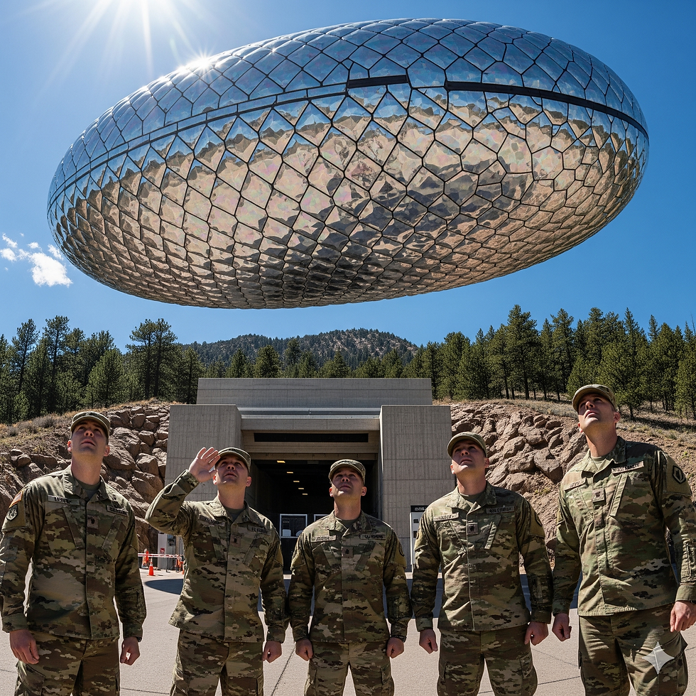 Five soldiers in camouflage look up at a large, metallic, UFO-like structure hovering above a forested, mountainous area under a clear blue sky.