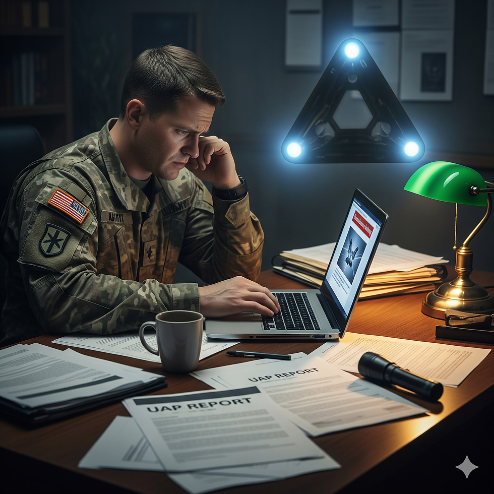 Military person studies UAP report on a laptop. Desk covered in papers, a flashlight, and a green lamp. Mood is focused and intense.