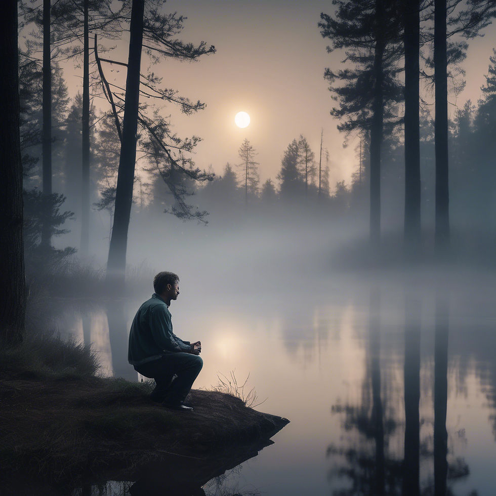 Man sits by misty lake, holding a cup, looking at sunrise through tall trees. Calm, serene setting with soft, gray-blue hues.