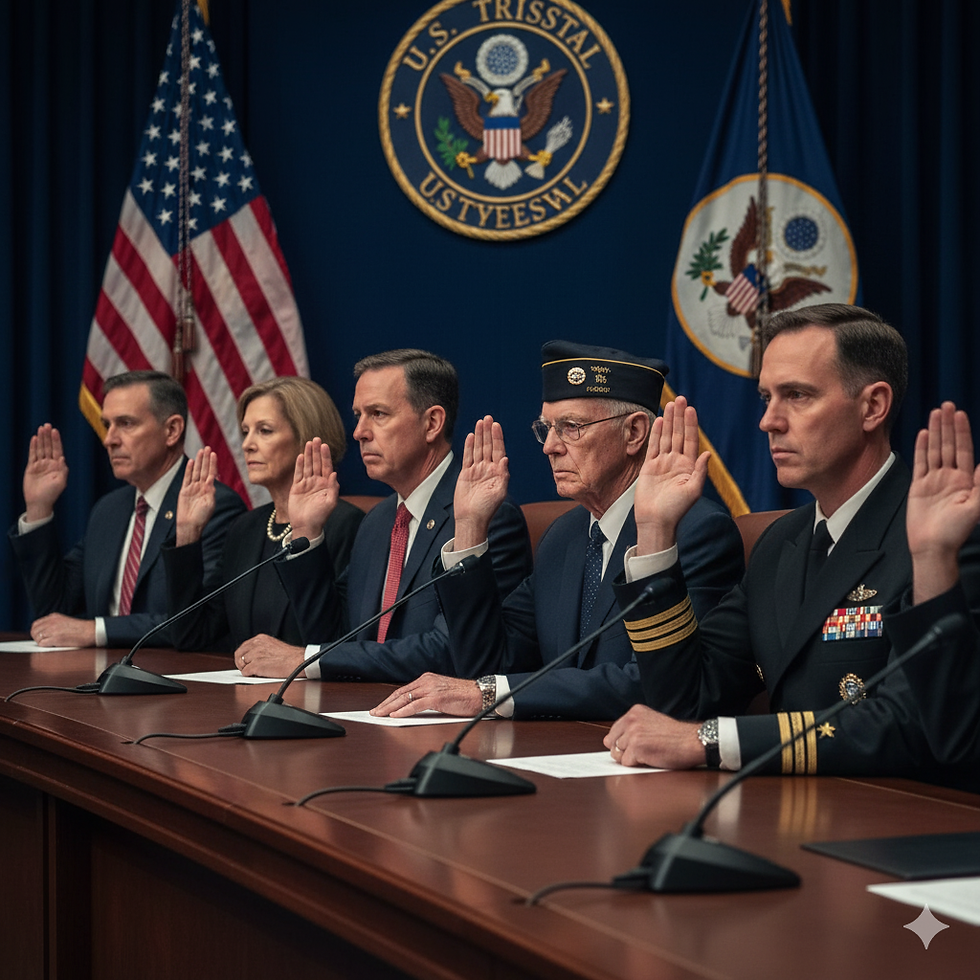 Five people in formal attire raise their right hands in an oath-taking ceremony. U.S. flags and emblems decorate the blue backdrop.