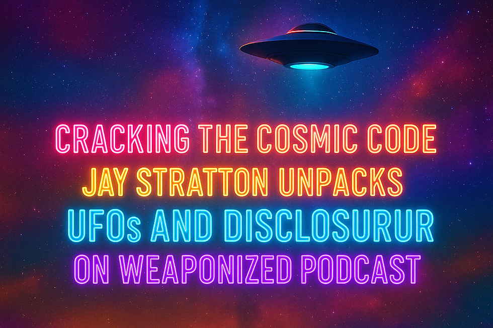 Neon UFO hovers over stars. Text: "Cracking the Cosmic Code, Jay Stratton Unpacks UFOs and Disclosure on Weaponized Podcast" in bright colors.