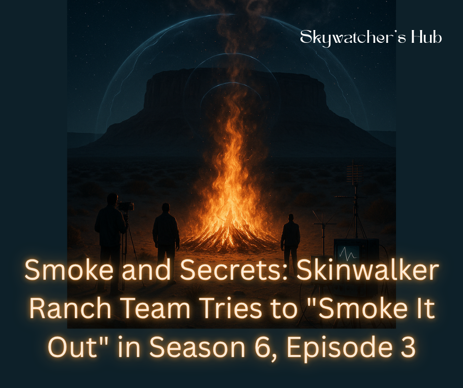 People observe a large bonfire on a desert night. A mountain and equipment are in the background. Text: "Smoke and Secrets..."