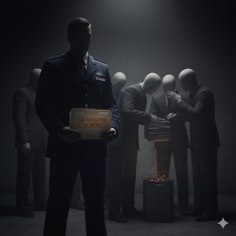 A silhouetted figure in military attire holds a "UAP Encounter - Top Secret" folder. Others burn documents in a dimly lit room, creating a secretive mood.