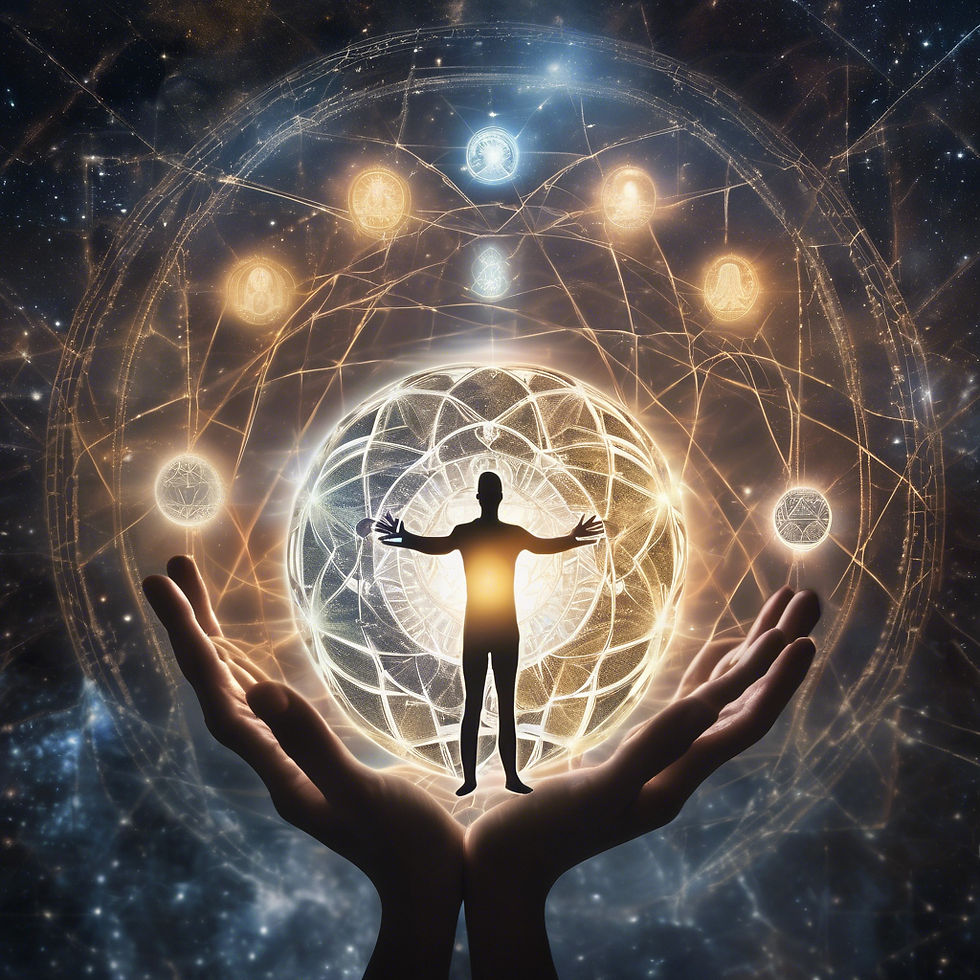 Silhouette of a person with arms outstretched, standing within a glowing orb in cosmic space. Large hands frame the scene, creating a mystical vibe.