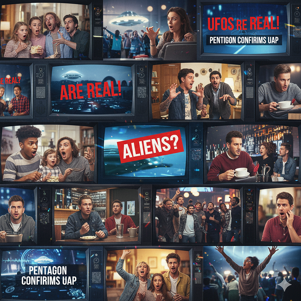 Collage of shocked people watching news about UFOs on TVs. Text: UFOs are real, Pentagon confirms UAP, Aliens? Emotion: surprise, excitement.