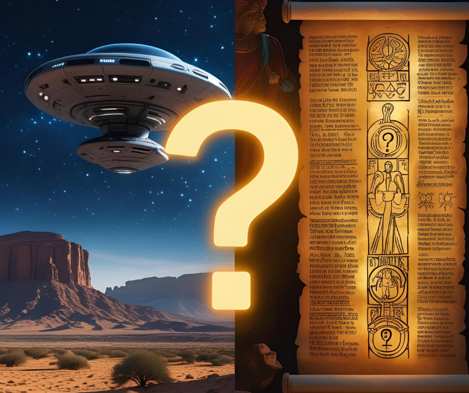 UFO over desert with starry sky, beside a glowing question mark and an ancient scroll with mysterious symbols and illustrations.