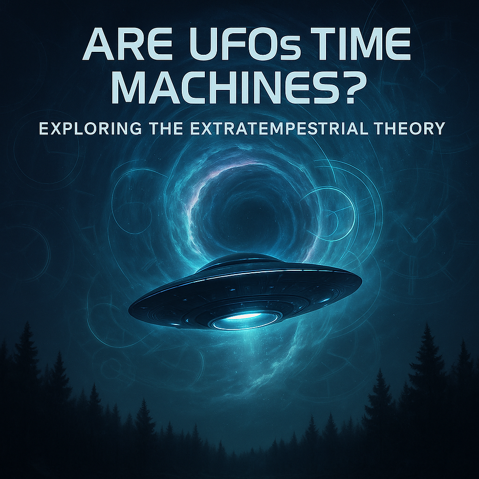 UFO hovering in a dark forest at night, with a swirling blue vortex above. Text asks, "Are UFOs Time Machines? Exploring the Extratemperstial Theory."