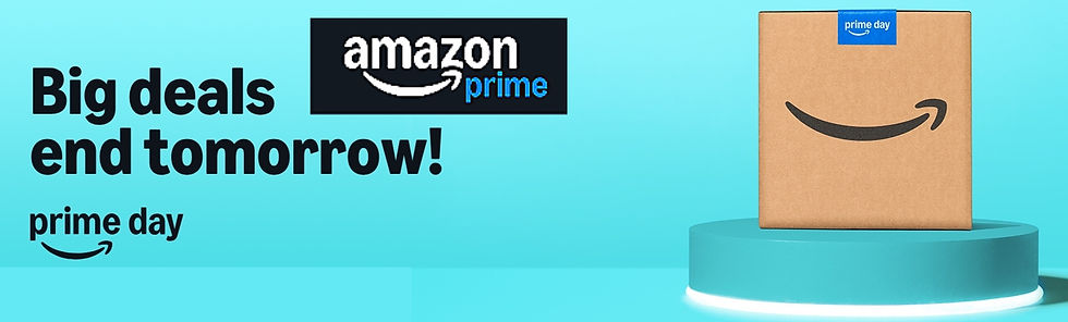 Amazon Prime Day ad with a cardboard box on a lit podium. Text: "Big deals end tomorrow!" on a blue background.