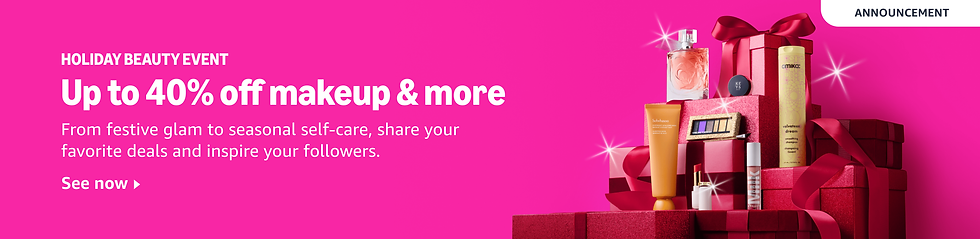 Holiday beauty event ad with up to 40% off makeup. Pink background with gifts and products like perfume and lotion. Bright and festive mood.