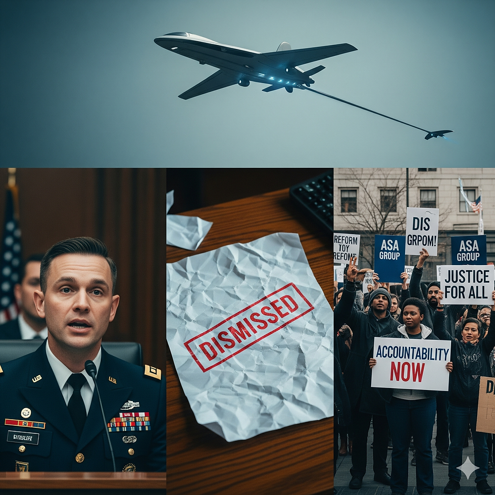 Military drone in flight; uniformed officer speaks; crumpled paper marked "Dismissed"; protestors hold signs like "Accountability Now."