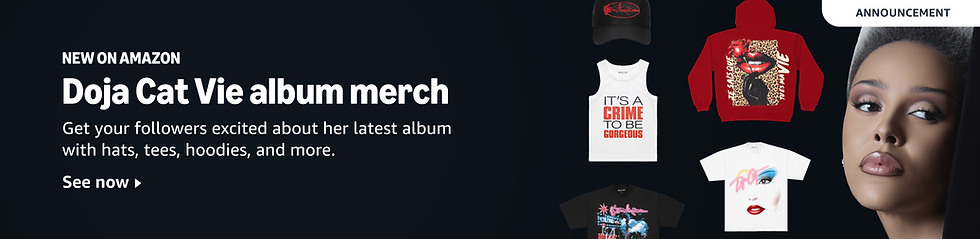 New Doja Cat album merch on Amazon; hats, tees, hoodies shown. Text: It's a Crime to be Gorgeous. Features model's face.