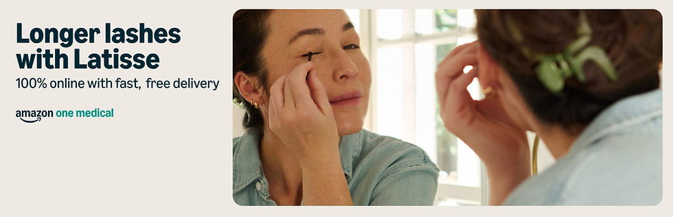 Woman applying eyeliner in mirror, wearing denim shirt. Text: "Longer lashes with Latisse. 100% online with fast, free delivery. Amazon One Medical."