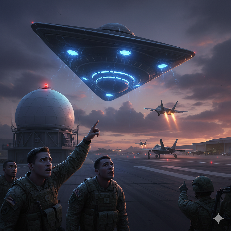 Soldiers on an airbase look up in awe at a hovering UFO with blue lights. Jets fly nearby at sunset, creating a tense atmosphere.