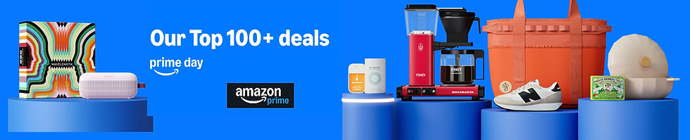 Various products on blue podiums against a bright blue background. Text reads "Our Top 100+ deals" with Amazon Prime logos.