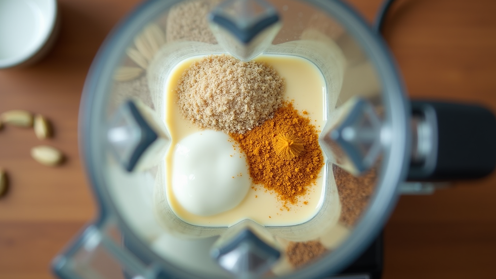 Eye-level view of a blender with ingredients for sweet lassi including yogurt, cardamom, and sugar