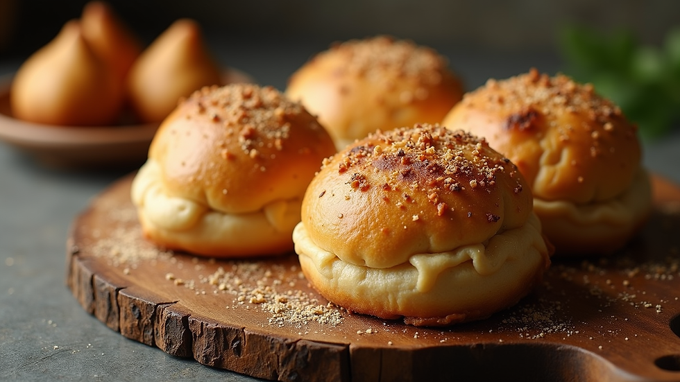 Eye-level view of toasted pav buns with samosas on a rustic wooden board