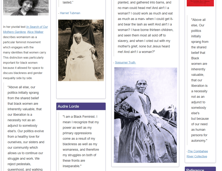 This screenshot of the NYPL guide to black feminism shows quotes from Alice Walker, Audre Lorde, Sojourner Truth, and the Combahee River Collective.