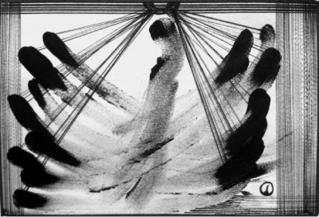 This pen-and-ink image shows the trace of a pendulum swinging back and forth, the middle blurry and only the extremes of the swing clear. Image Credit: “Pendulum Swing”, by DK Osorio