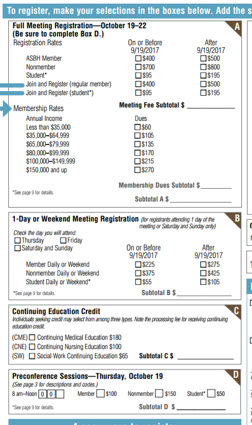 This image of the registration form for ASBH 2017 shows that ASBH members pay $400 for registration, Nonmembers pay $700, and Students pay $95. While ASBH membership has a sliding scale for income brackets so that dues cost less for lower income folks, the conference registration fees are not on a sliding scale except that students pay dramatically less than others. Note that any patients or advocates would pay the same fee as people in the medical humanities who pay the same fee as all medical professionals.