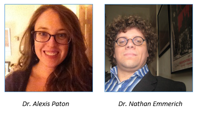 There are two pictures side by side. One, a woman with pale skin, glasses, and long brown hair who is smiling, is labeled as Dr. Alexis Paton. The other, a man with curly brown hair, pale skin, glasses, wearing a striped blue and white shirt, is labeled as Dr. Nathan Emmerich.